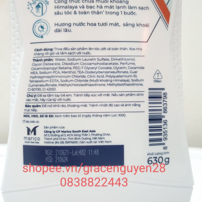 Sữa Tắm Gội Nam XMen Clean&Fresh 2in1 Sạch Sâu Muối Khoáng Himalaya Bạc Hà Thơm Hương Nước Hoa Chai 630g x-men tiện lợi