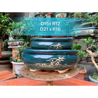 2 Chậu gốm hình bầu dục trông cây cảnh cây bon sai cây mini