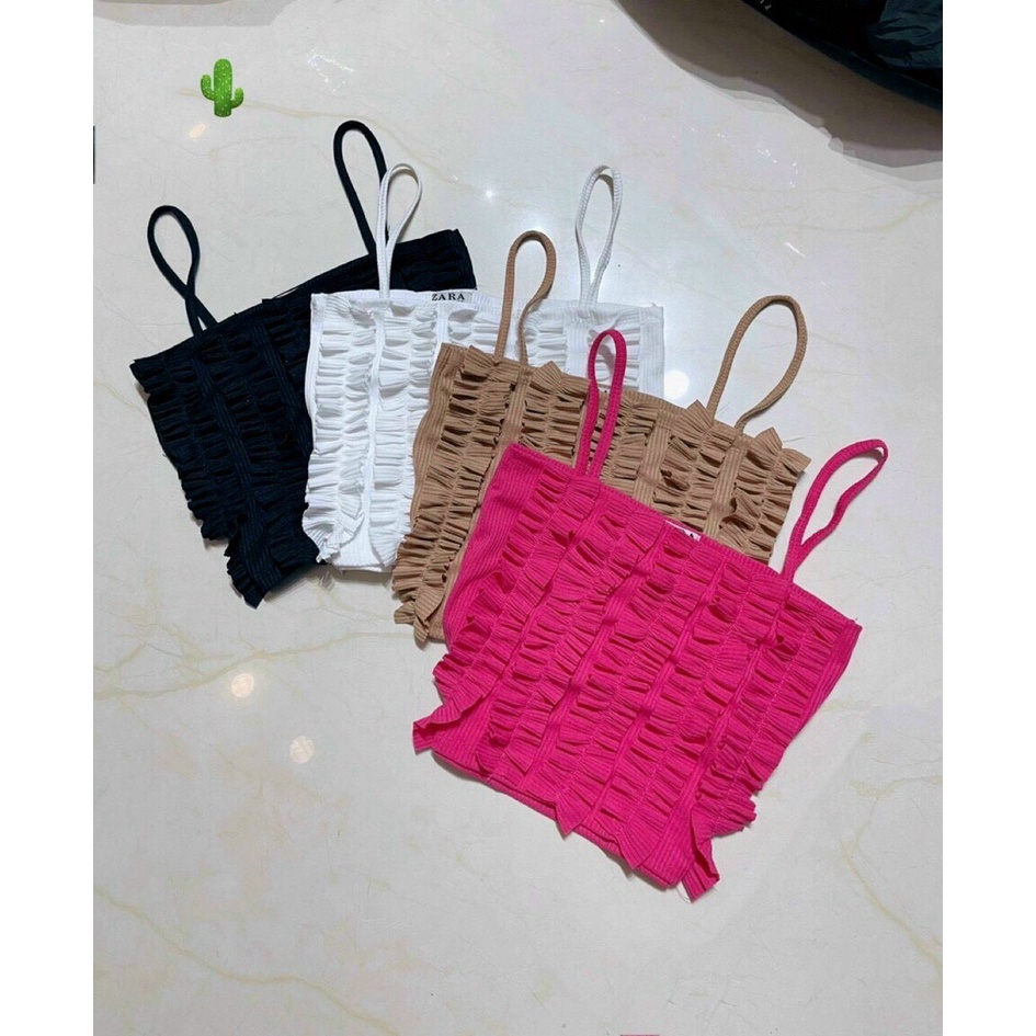Áo thun 2 dây gân bèo viền xinh dáng croptop