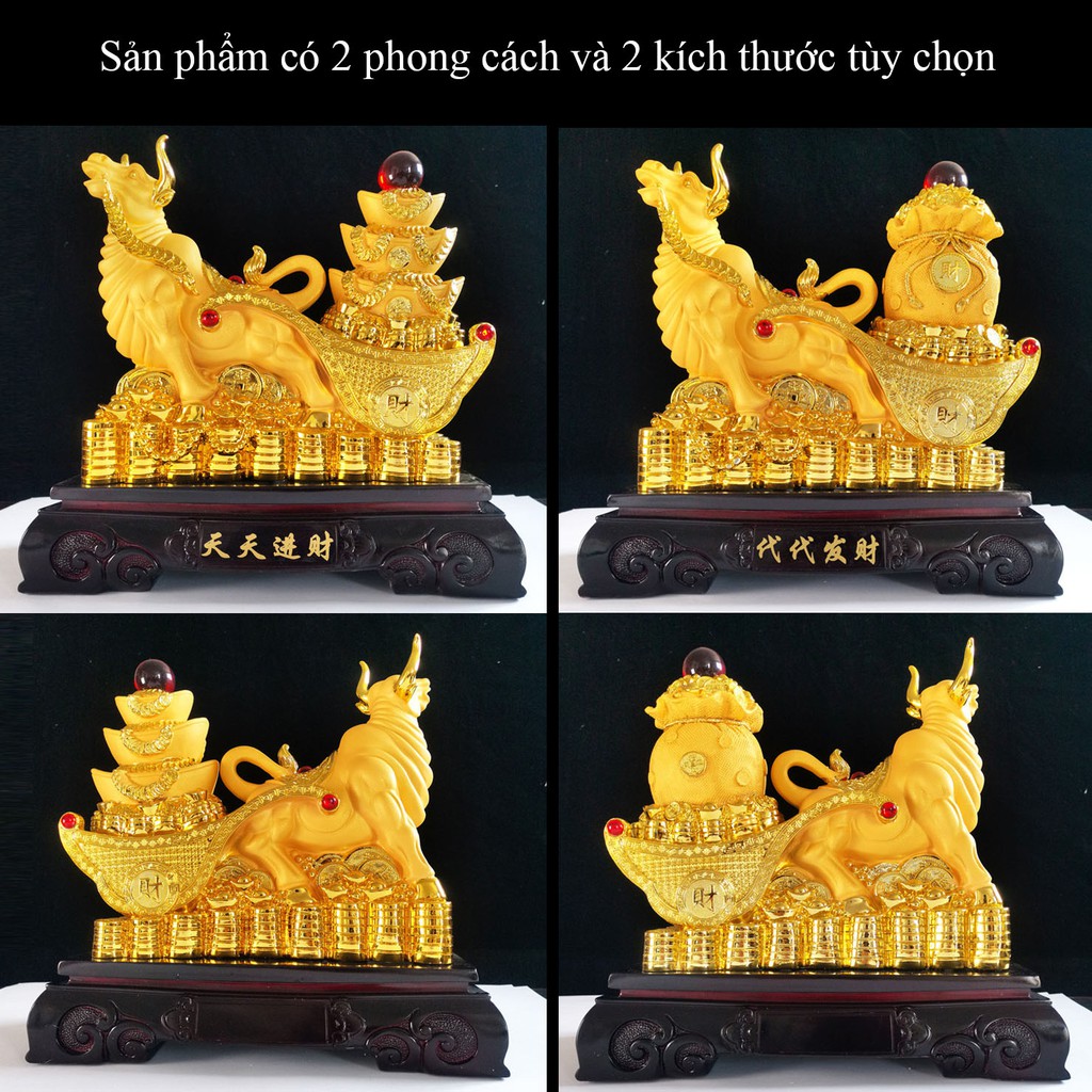 Tượng bò tót kéo xe thỏi vàng linh vật phong thủy thị trường tài chính - chứng khoán phố wall size tiểu BT3425