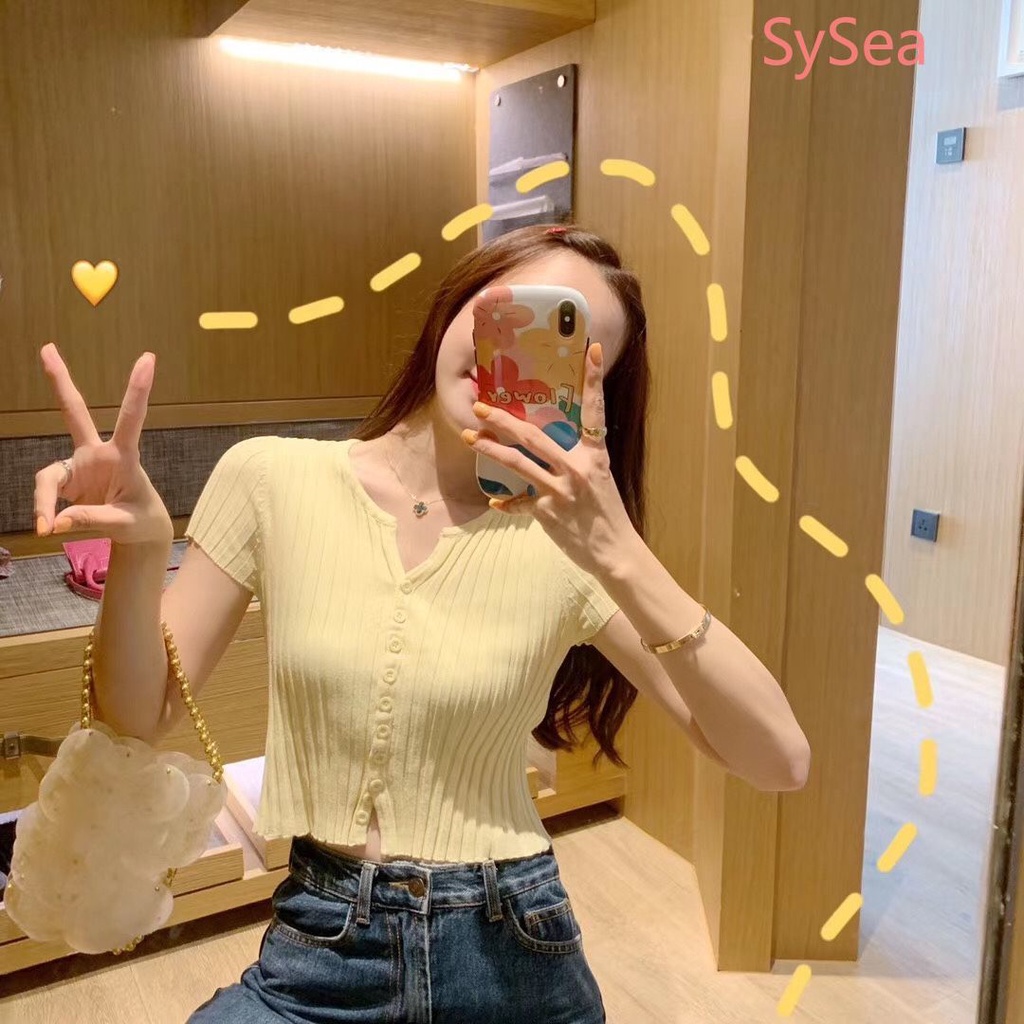 Áo croptop dệt kim tay ngắn màu sắc đơn giản thời trang mùa hè dành cho nữ