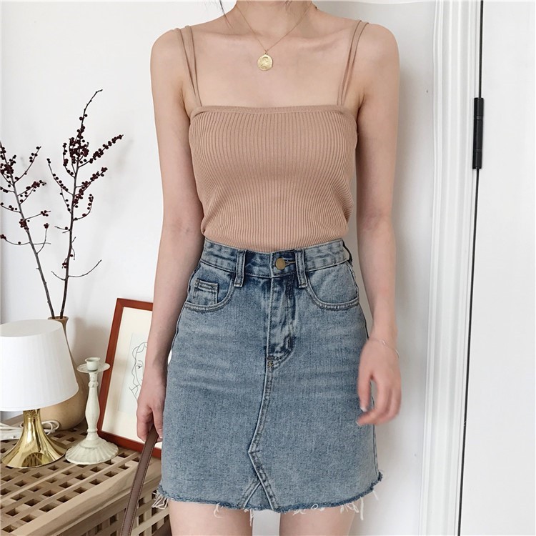 SUXI Áo thun hai dây màu trơn phong cách Hàn Quốc cho nữ