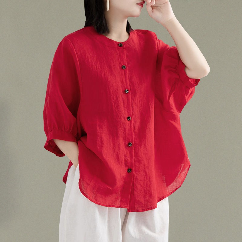 【🔥Spot sale🔥】【Eight colors】2021 Hot New Spring and Summer Retro Linen Short-Sleeve Shirt Top Women's Large Size Cotton Linen Casual Shirt Thin Loos