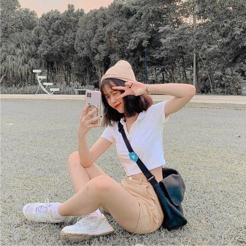 Áo Crotop cổ trị PLO tay ngắn dáng ôm nhẹ Ulzzang