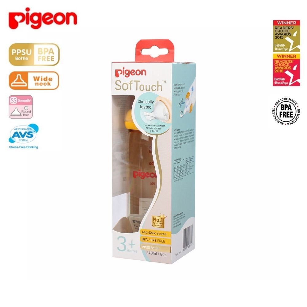 Bình sữa Pigeon, Bình Sữa cổ rộng Softouch Peristaltic Pluss nhựa PPSU 160Ml/240ml