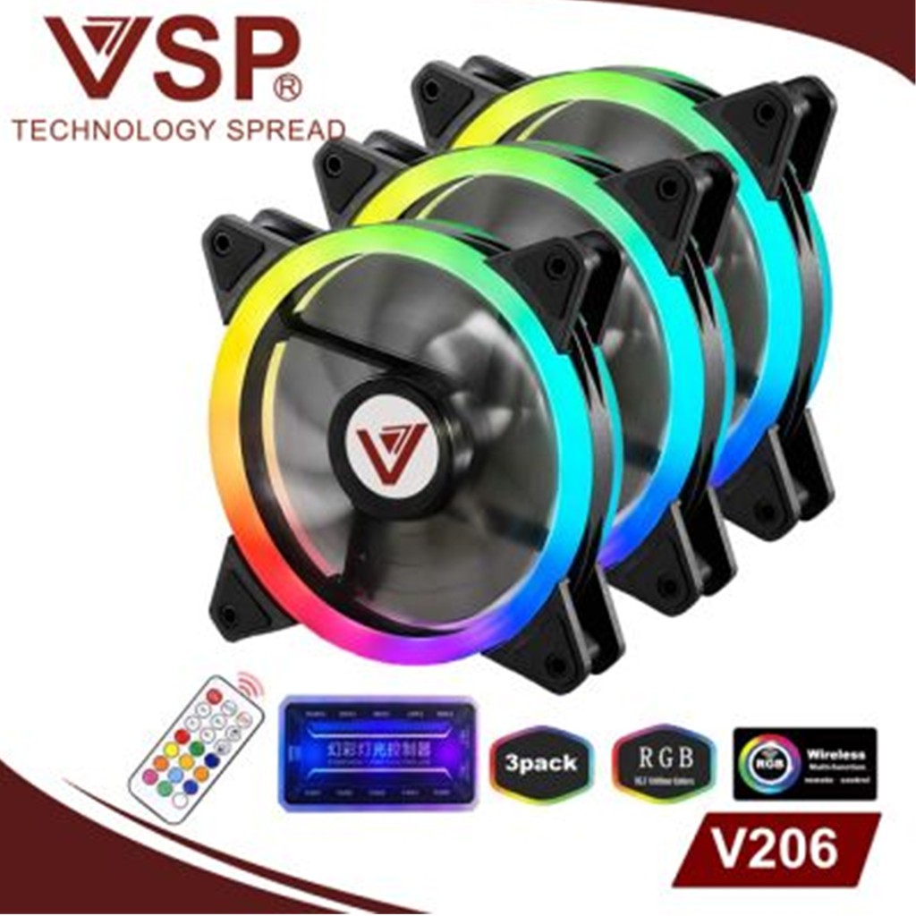 Combo bộ 3 Fan led RGB 2 mặt VSP V206 +Hub + Remote