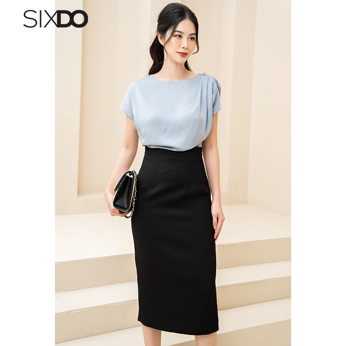 Áo lụa xanh ngắn tay xếp ly vai một bên SIXDO