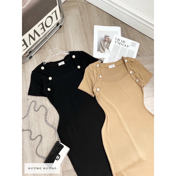 Váy body cổ vuông cúc dáng ngắn sexy,có 2 màu đen nâu ,BIGGSIZE, cao cấp