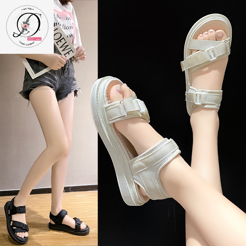 Giày sandal nữ dép quai hậu học sinh kiểu dáng hàn quốc QUAI CHÉO màu đen/kem
