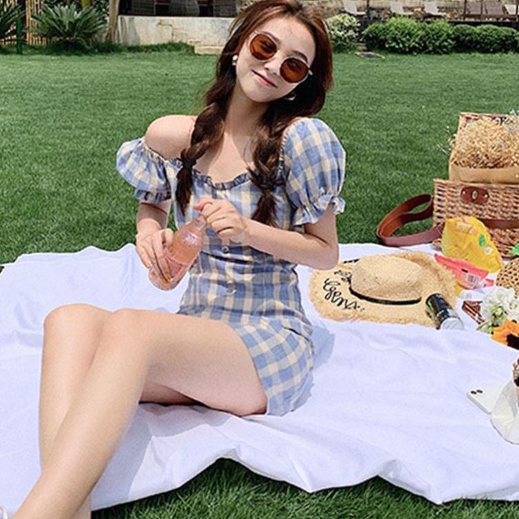 Đầm Trễ Vai Tay Phồng Họa Tiết Ca Rô Thời Trang Dành Cho Nữ | BigBuy360 - bigbuy360.vn