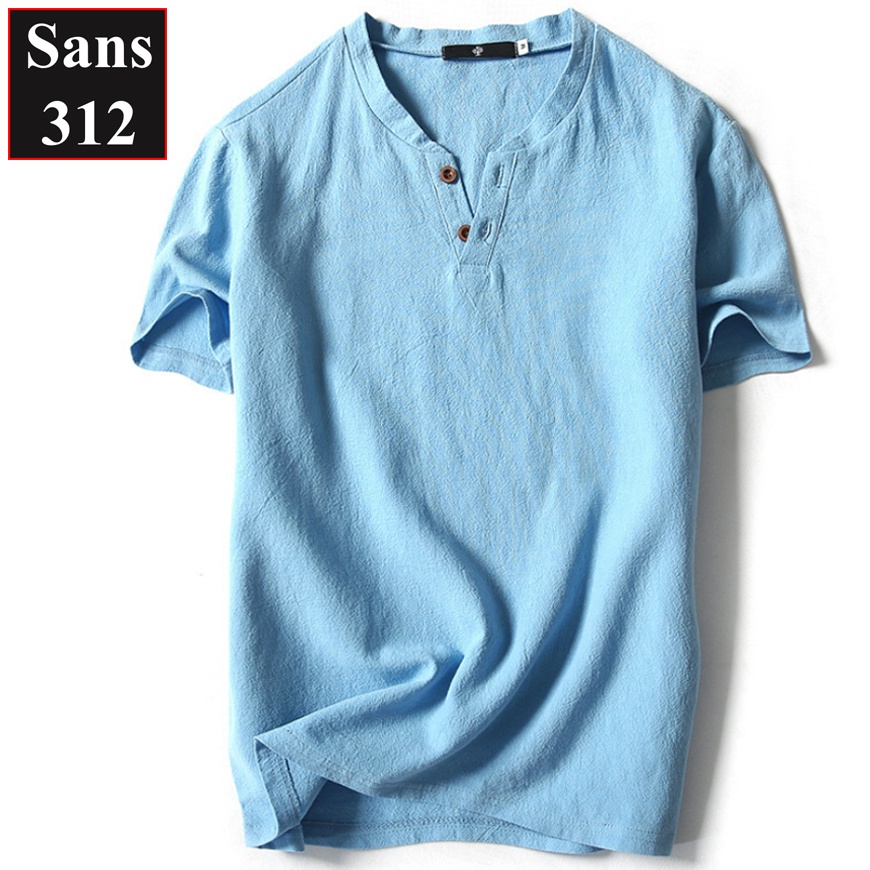 Áo thun nam đũi Sans312 chất cotton linen mát lạnh cộc tay cài nút cổ v trơn đẹp xịn mềm mịn big size 5XL 4XL 3XL