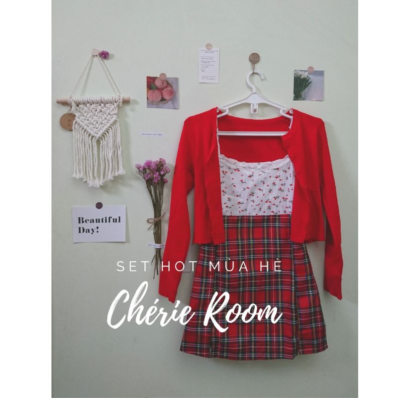 CHÉRIE ROOM Girly Set 3 món áo hoa nhí + chân váy đỏ caro xẻ + khoác cardigan tay dài Ulzzang 2021