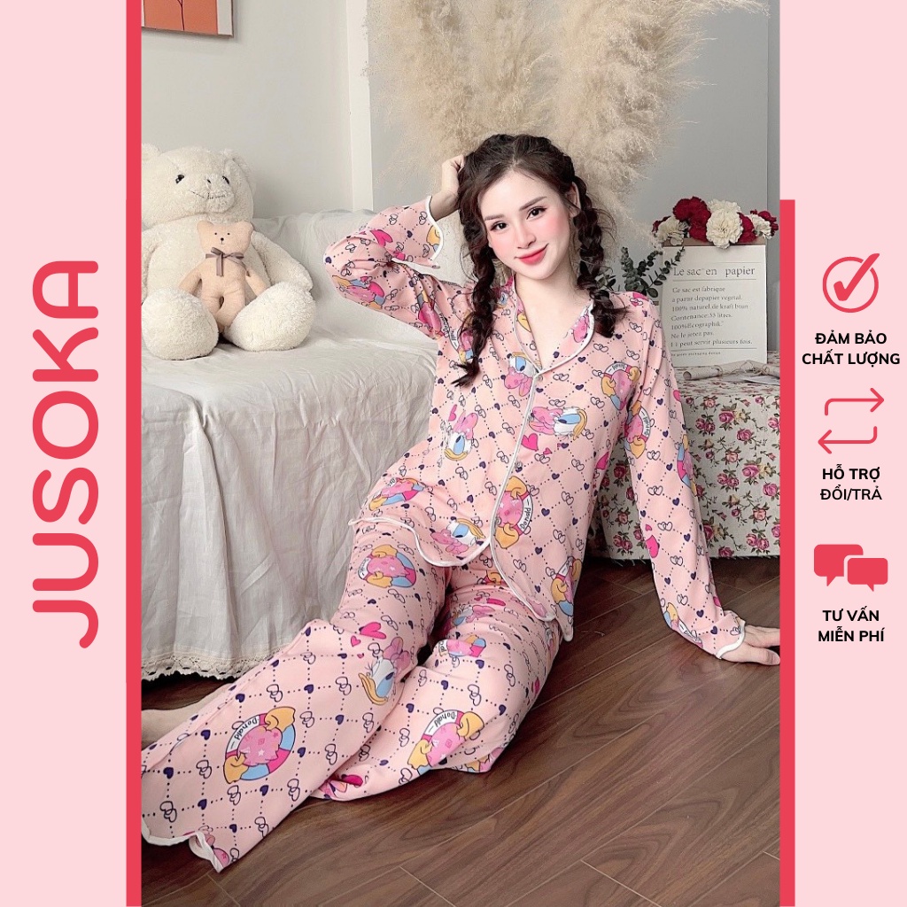 Đồ ngủ nữ mặc nhà dài tay bộ pijama lụa dễ thương JUSOKA