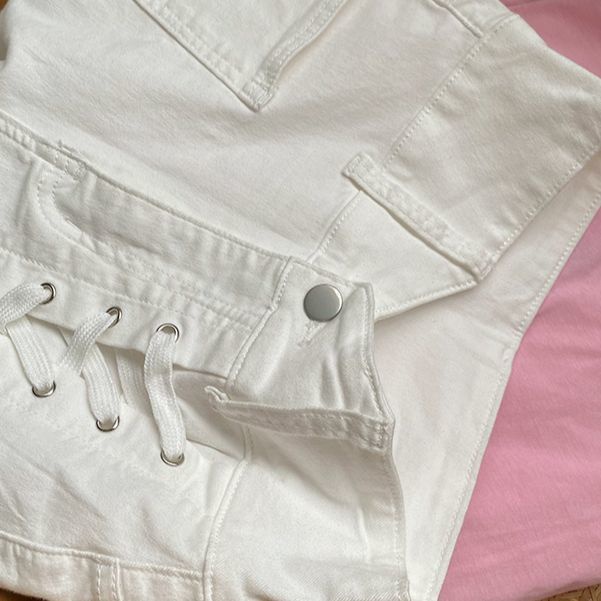 Quần Short Jean Lưng Cao Ống Rộng Có Dây Rút Theo Phong Cách Hàn Quốc Hàng Mới