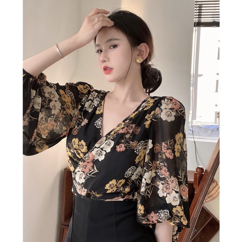 Áo Chiffon Ngắn Tay Phồng In Họa Tiết Thời Trang Mùa Hè Quyến Rũ Cho Nữ