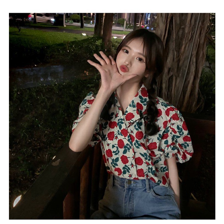 Áo Sơ Mi Tay Ngắn Phồng Họa Tiết Hoa Thời Trang Mùa Hè Cho Nữ