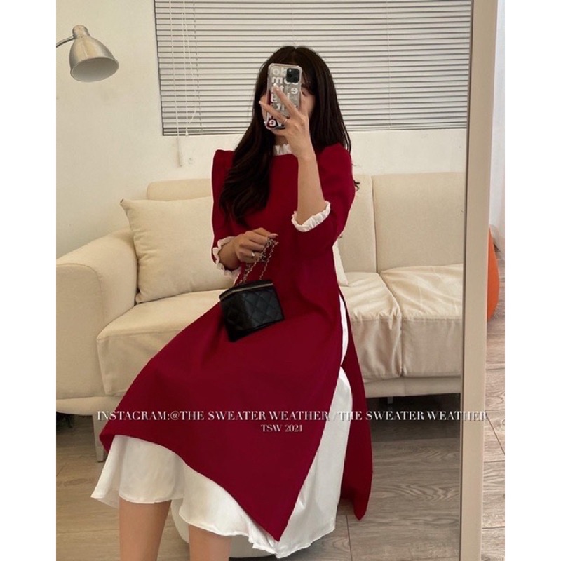 SET Áo dài đỏ nhung cổ bèo kèm chân váy lụa mềm trắng | BigBuy360 - bigbuy360.vn