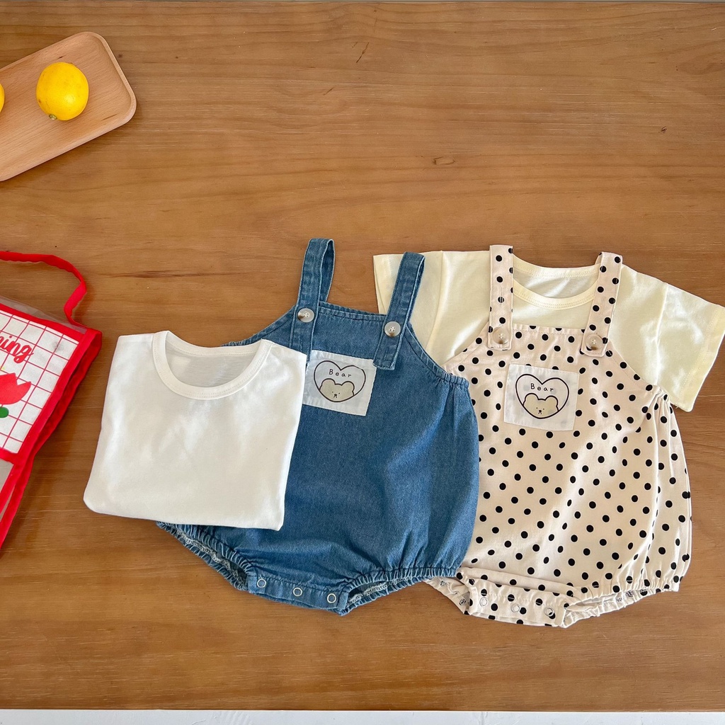 Bộ Áo Liền Quần Hai Dây Bằng Denim Họa Tiết Chấm Bi Phong Cách Châu Âu Thời Trang Mùa Hè Mới Cho Bé Sơ Sinh 2022
