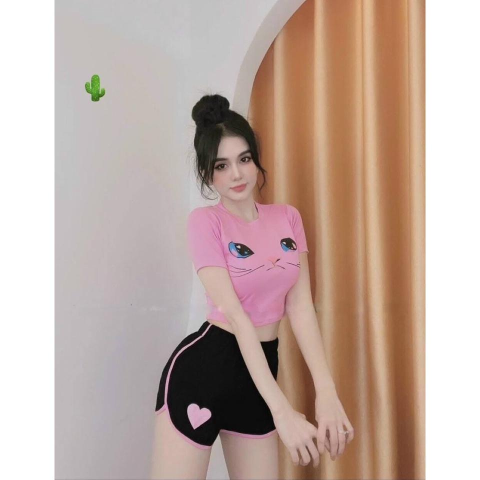 Sét bộ áo croptop in mèo + quần viền chất Borip xịn Cam Kết Hàng Y Hình Kèm Ảnh Thật Chính Chủ ( Size dưới 53kg )
