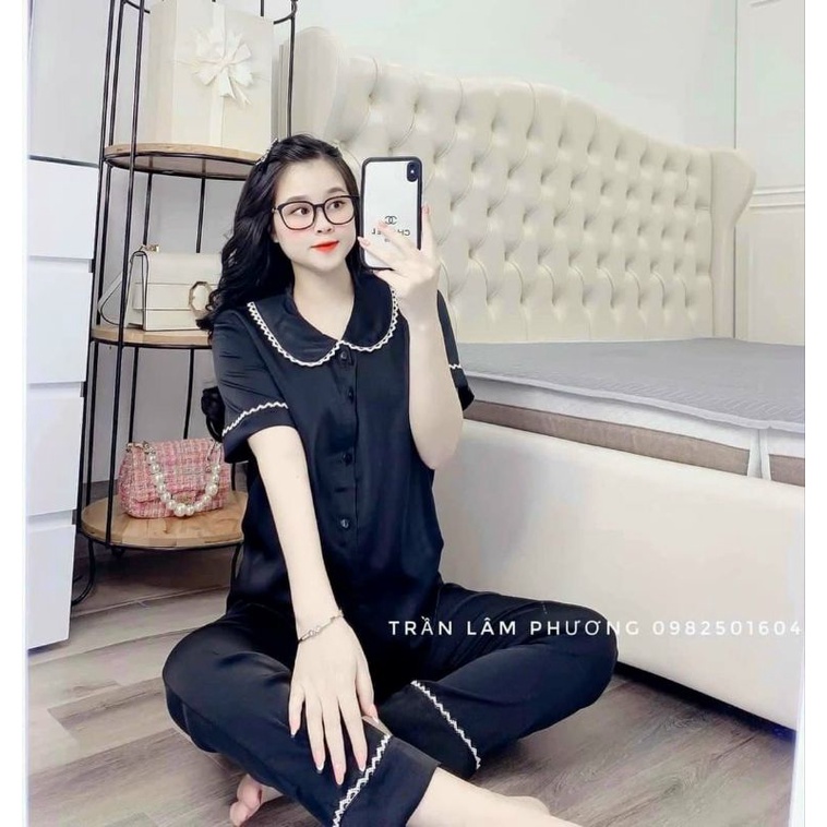 Bộ Pyjama Thiết Kế Cổ Ren Tay Cộc Quần Dài Siêu Hot