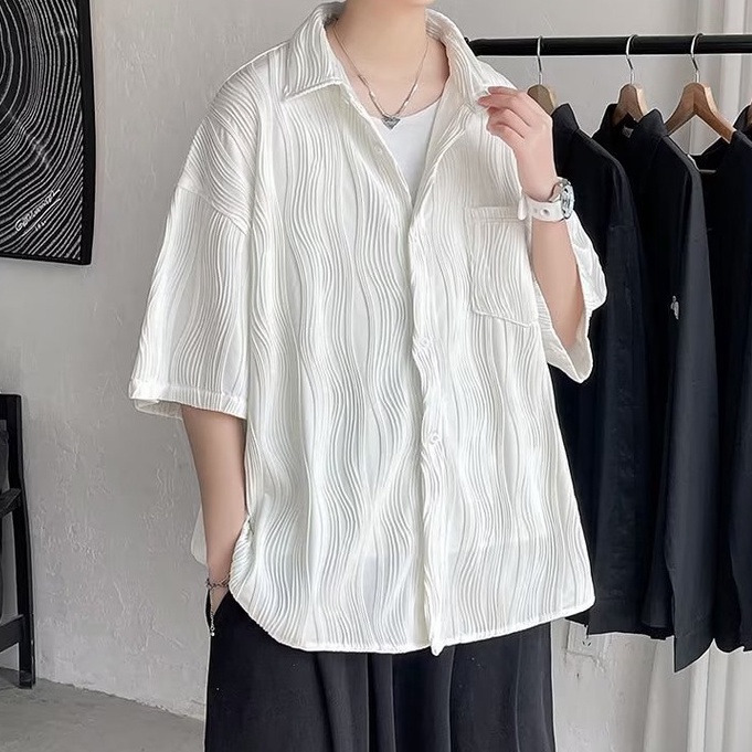 Áo Sơ Mi Ngắn Tay Màu Trơn Họa Tiết Kẻ Sọc Thời Trang Mùa Hè Hàn Quốc Cho Nam Và Nữ