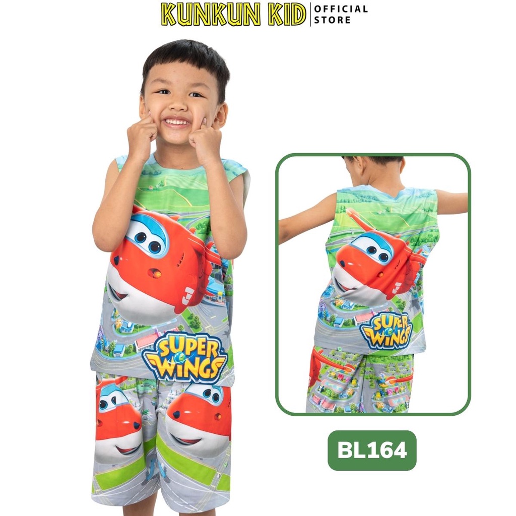 Quần áo bé trai Thun lạnh size đại từ 10kg - 40kg in 3d hình super wings Kunkun Kid BL164