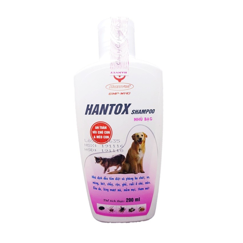 Sữa Tắm Trị Ve Rận Bọ Chét Mượt Lông cho chó con và mèo con Hantox Shampoo Hồng Nhũ Bạc 200m