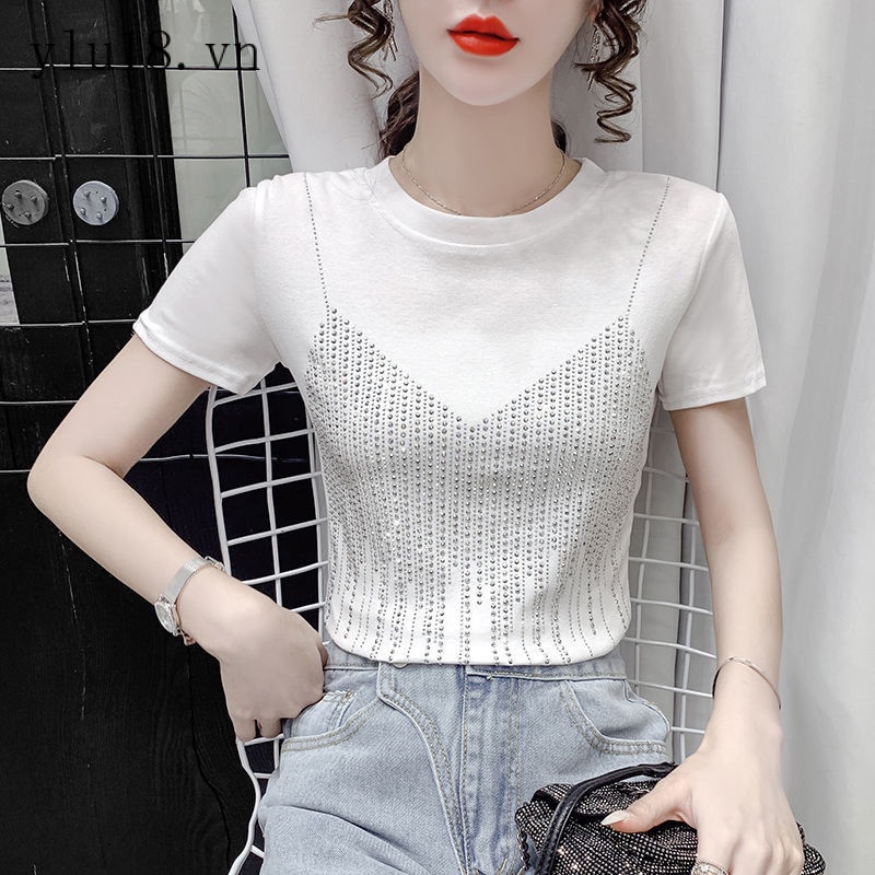 Áo Thun Ngắn Tay Dáng Ôm Đính Đá Thời Trang Mùa Hè Hàn Quốc 2021