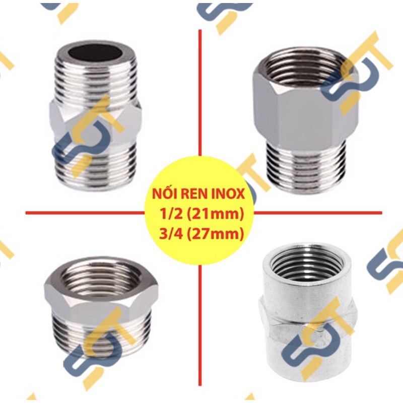 Đầu nối ren inox 1/2  3/4  kép lơ cả rá măng sông nối ren ống nước - Inox bóng .
