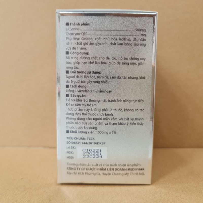 Viên uống L-CYSTINE with coenzme Q10 hộp 60 viên ngăn ngừa rụng tóc nám tàn nhan