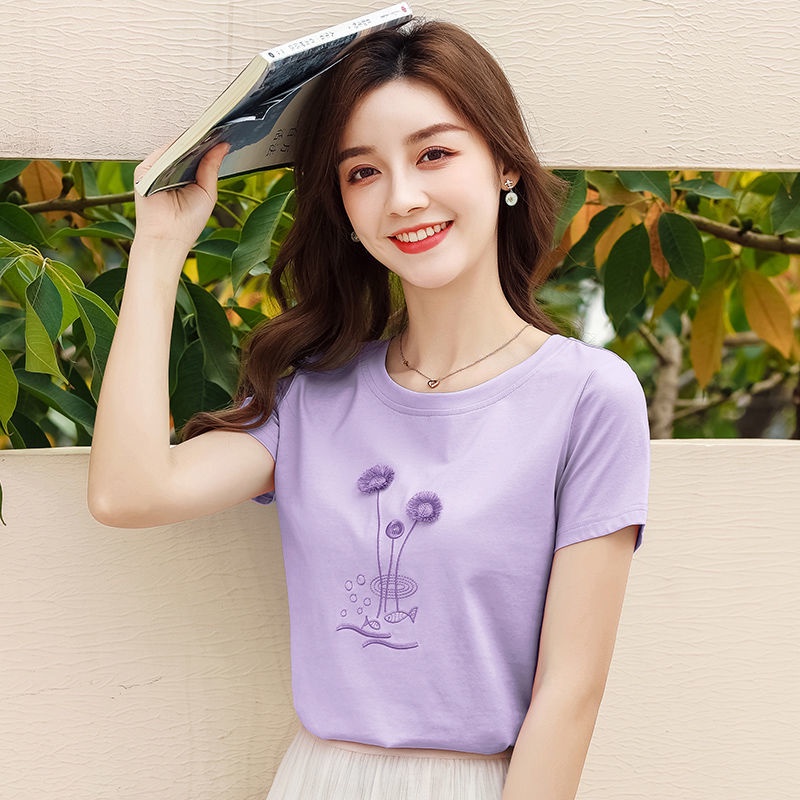 Áo Thun Cotton Tay Ngắn Dáng Ôm Màu Trắng Thêu Họa Tiết Phong Cách Hàn Quốc Thời Trang Cho Nữ