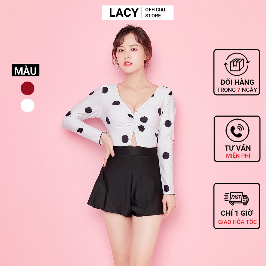 Bộ Đồ Bơi Nữ Tay Dài Quần Dáng Váy Áo Chấm Bi Trẻ Trung B131 LACY