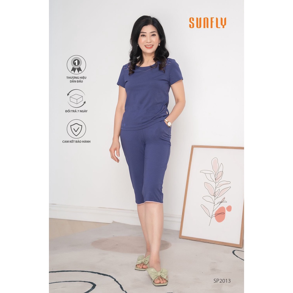 Bộ đồ mặc ở nhà cho mẹ SUNFLY. SET đồ ngủ chất cotton co giãn thấm hút mồ hôi tốt, kiểu trơn áo cộc quần ngố SP2013