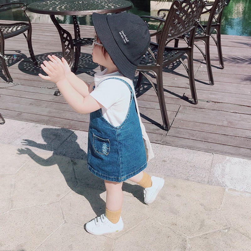 Đầm Yếm Denim Dáng Suông Có Túi Phong Cách Hàn Quốc Cho Bé Gái