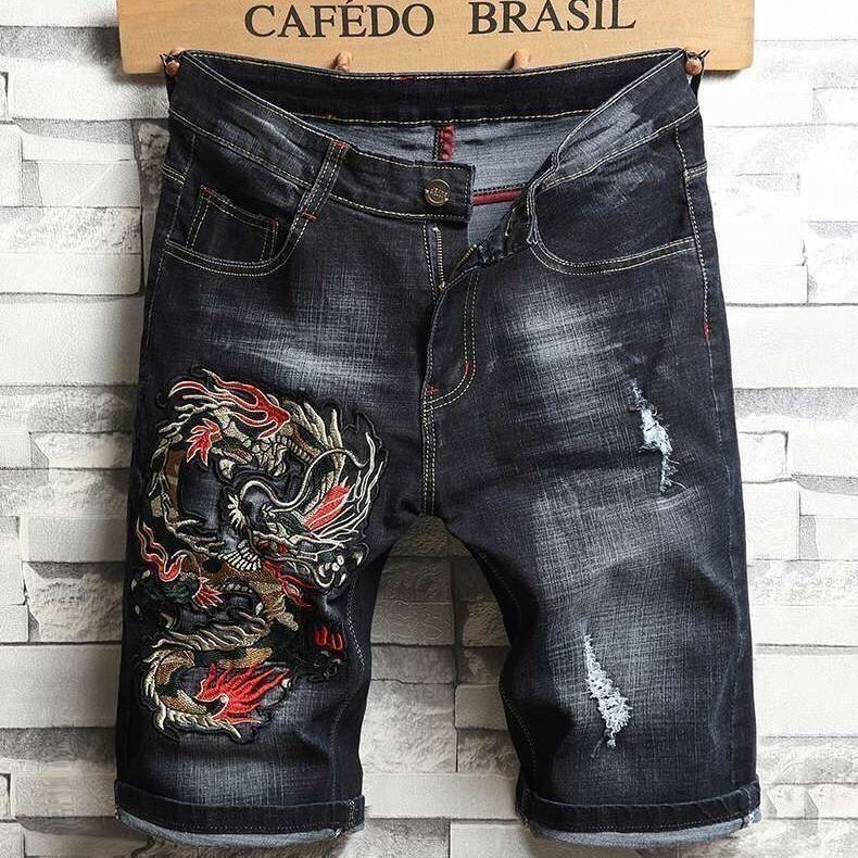 Quần Short Jean Dáng Ôm Thiết Kế Rách Thêu Họa Tiết Thời Trang Cá Tính Cho Nam