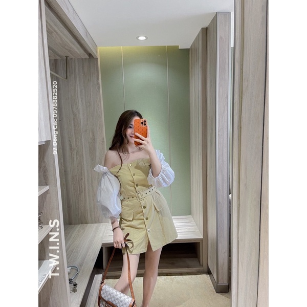 Váy kaki phối tay chun kèm belts