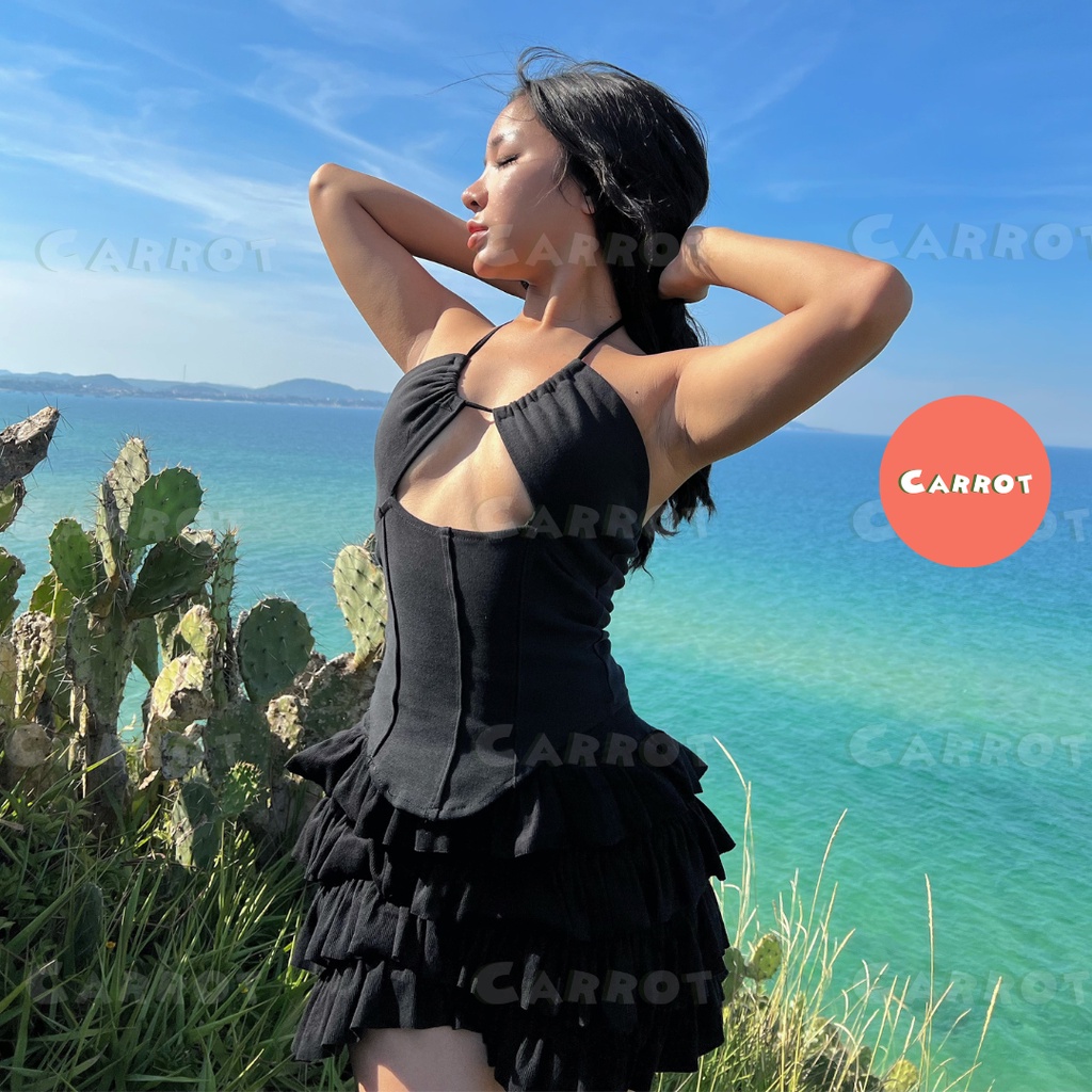 Áo croptop thiết kế khoét ngực tôn dáng chân váy ngắn ôm body cột  đi biển đi du lịch carrotxinhdep chất cao cấp co giãn