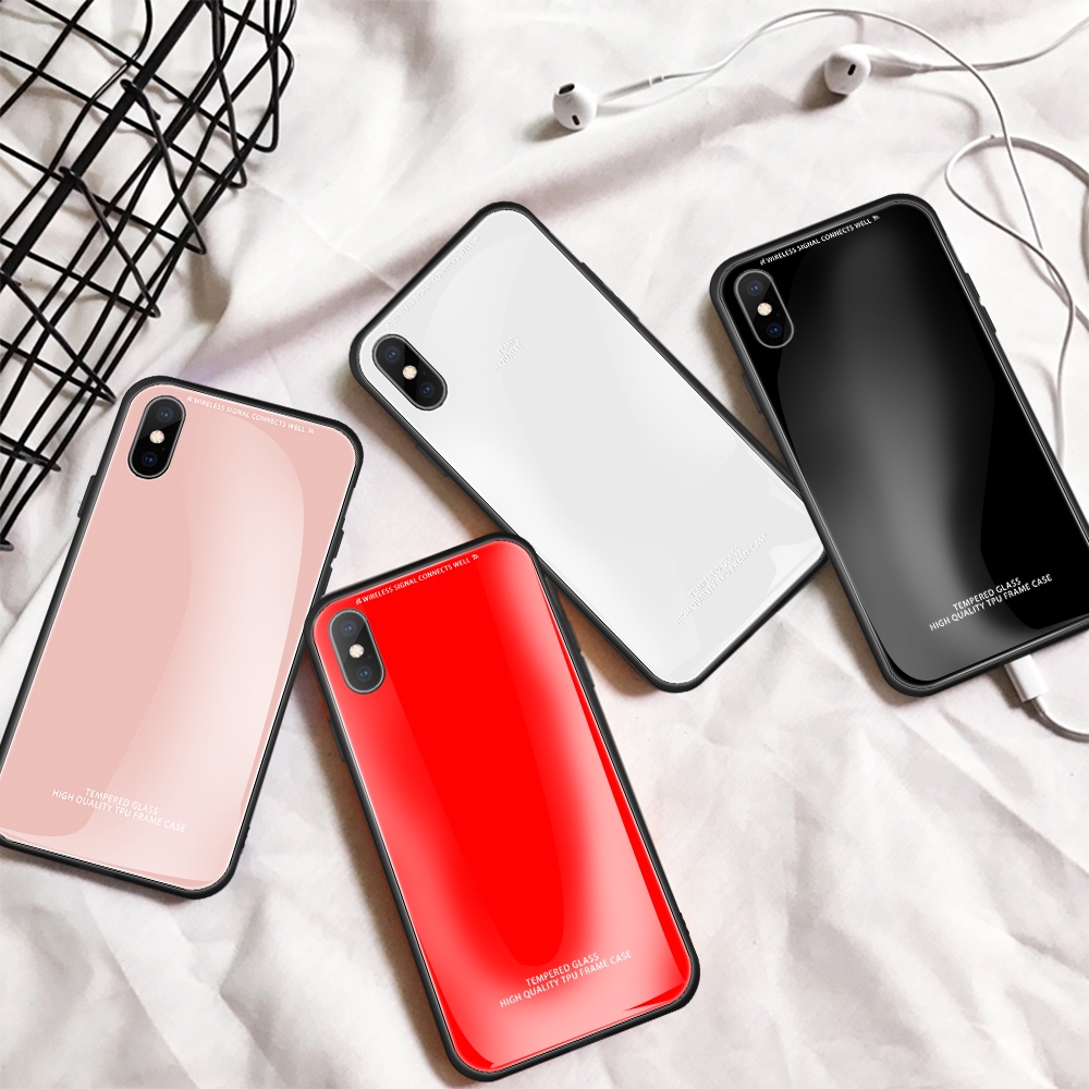 Ốp điện thoại kính cường lực màu trơn thời trang dành cho iPhone 6 6s 7 8 Plus X 10 XR XS MAX