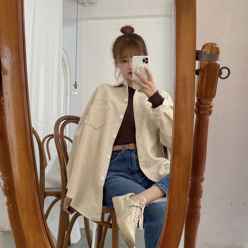 Áo Khoác Cardigan Nhung Kẻ Dài Tay Dáng Rộng Màu Trơn Phong Cách Retro Hàn Quốc