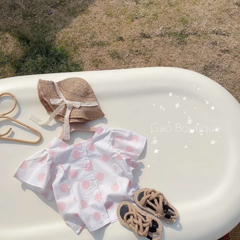 Áo sơ mi kiểu cổ vuông cho bé gái chấm bi hồng