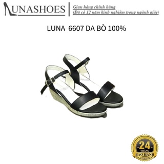Giày sandal cao gót đế xuồng nữ 5 phân Lunashoes (6607) bọc bố da thật mũi tròn có quai màu đen, nâu