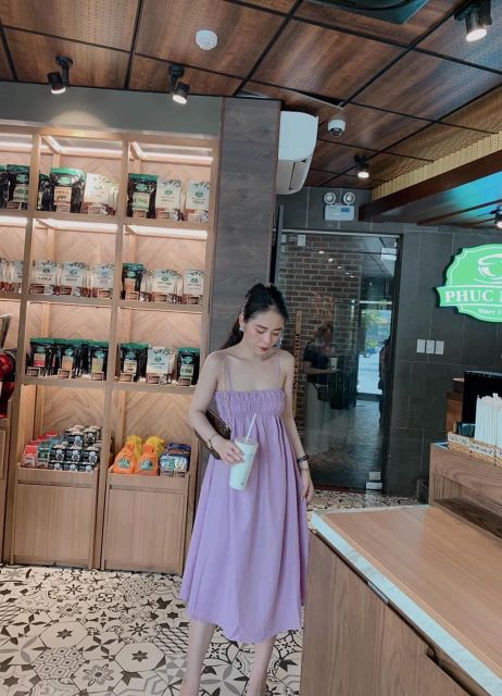 Váy 2 dây chun ngực khuy ngọc