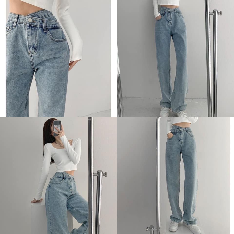 Quần jeans nữ Bingshop ống suông cạp chéo dáng dài vải đẹp freeship