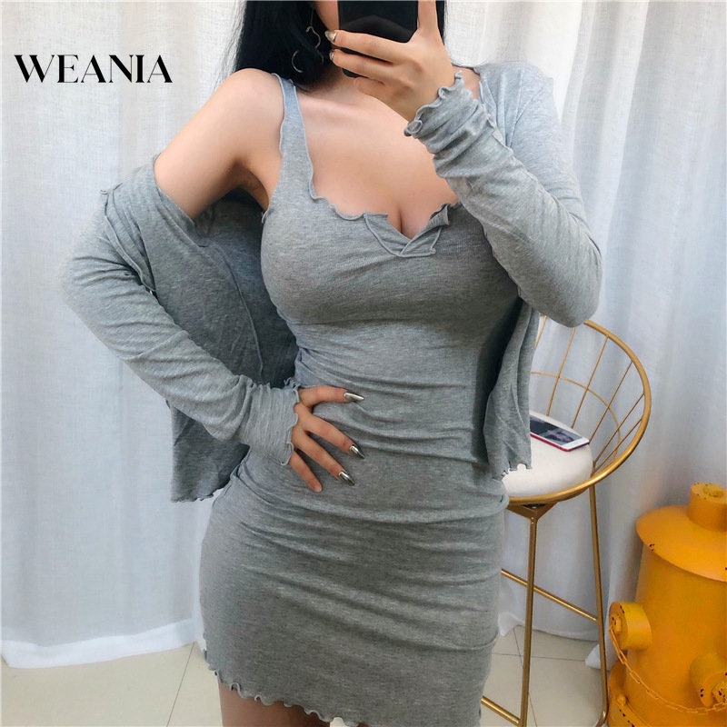 Set Đầm Hai Dây Và Áo Khoác Cardigan Mỏng Thời Trang Gợi Cảm Thanh Lịch Cho Nữ