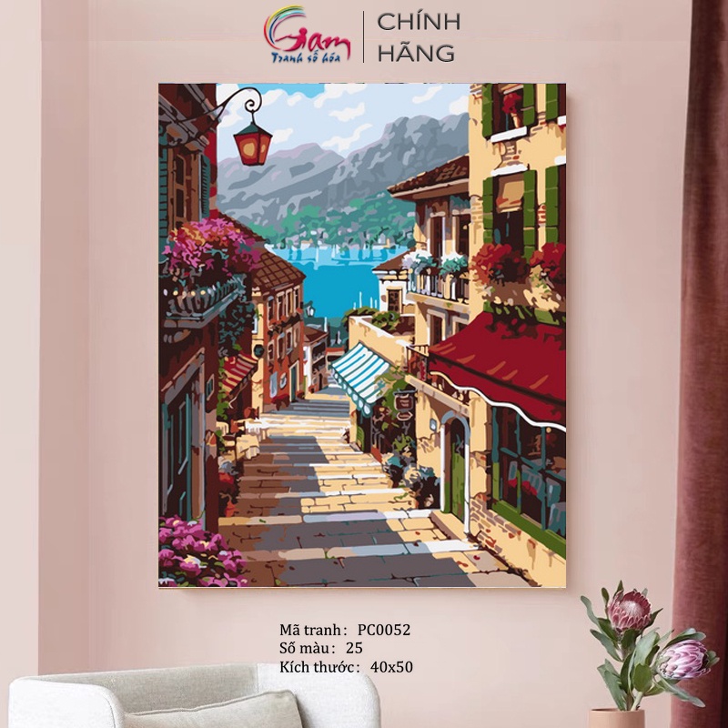 Tranh số hoá Gam phong cảnh làng cổ Châu Âu căng khung 40x50cm PC0052