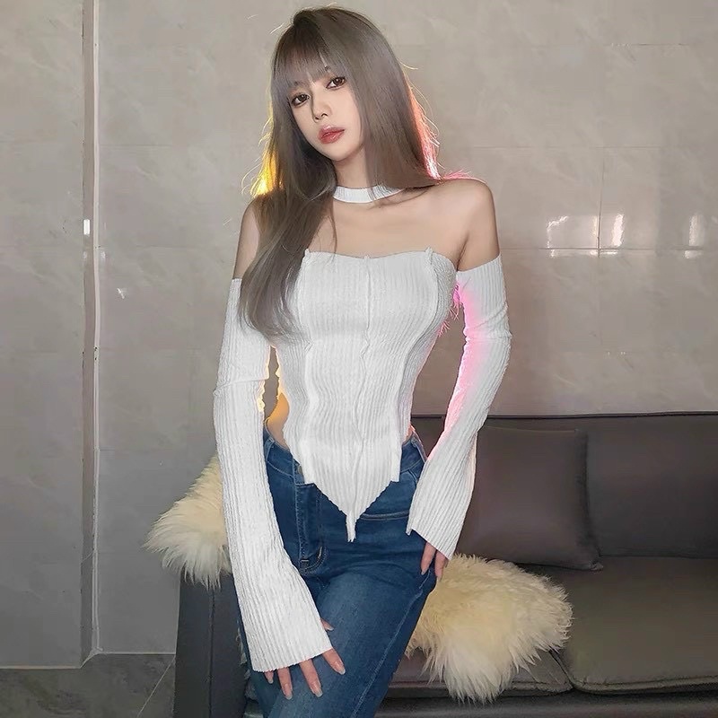 Áo tay dài bẹt vai cổ choker cách điệu line nổi - A0N
