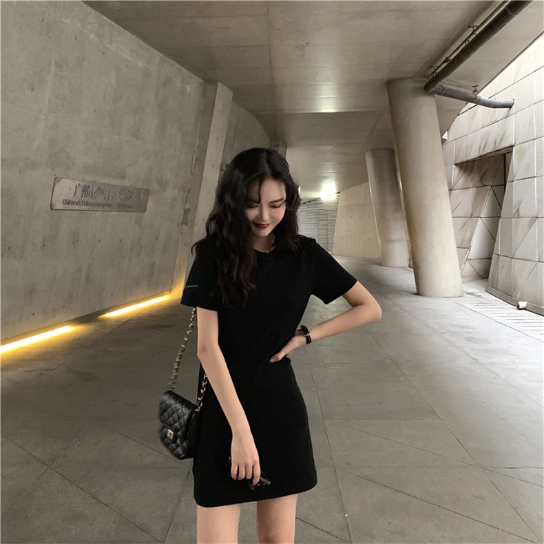SUXI Đầm thun dáng suông màu trơn ngắn tay thời trang nữ
