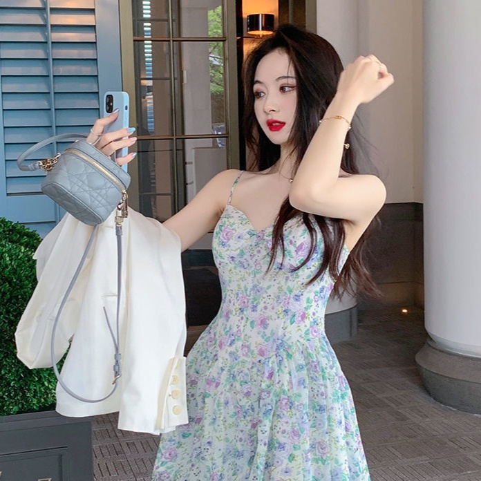 Đầm Chữ A Hai Dây Ôm Eo In Họa Tiết Hoa Phong Cách Mới Dành Cho Nữ