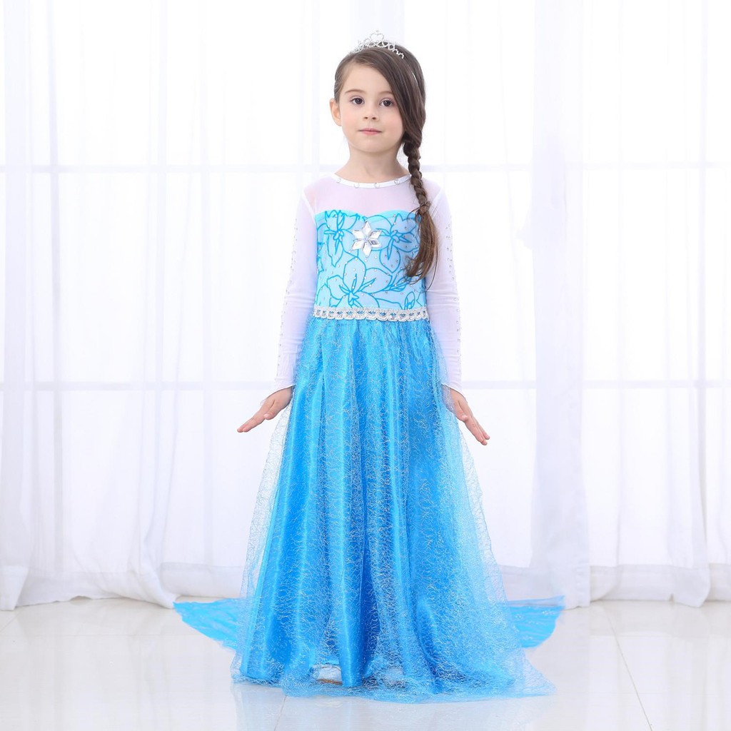 Váy công chúa Elsa tà dài màu xanh cho bé 3-10 tuổi