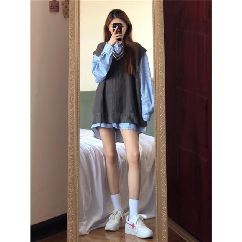 SET ÁO GILE XÁM + SƠMI XANH KẺ SỌC SIÊU HOT- set đồ thu đông siêu hot hàng full size